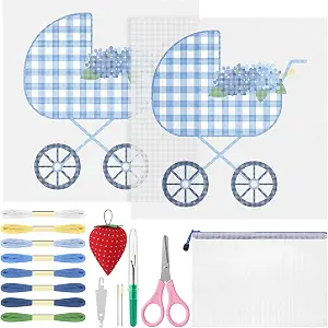 XunYee 26 Pcs Blue Hydrangea Baby Carriage Needlepoint Kit for Beginners