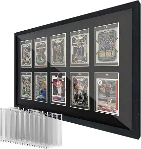 iRahmen Trading Card Display Case - Tempered Glass Cover and Wooden Frame, Wall Mount Sports Card Display Frame Hold 10 Cards for Baseball Pokemon Baseball Basketball Football Hockey