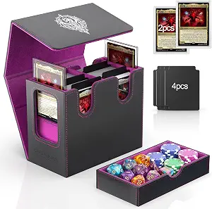 MTG Deck Box Extra Large 260+ Capacity for Magic The Gathering, 3-in-1 Magnetic Card Case with Dice Tray, 4 Dividers, 2 Card Holders, Tournament Travel Organizer (black+purple)