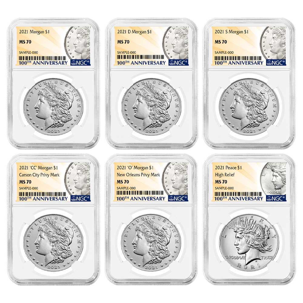 2021 $1 Morgan and Peace Silver Dollar 6pc Set NGC MS70 100th Anni. Label