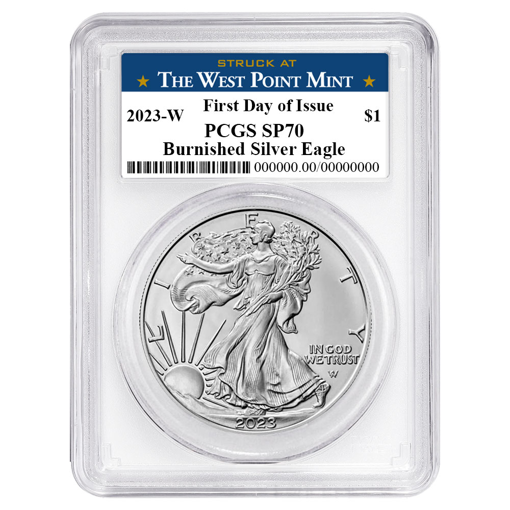 2023-W Burnished $1 American Silver Eagle PCGS SP70 FDOI West Point Label White Frame
