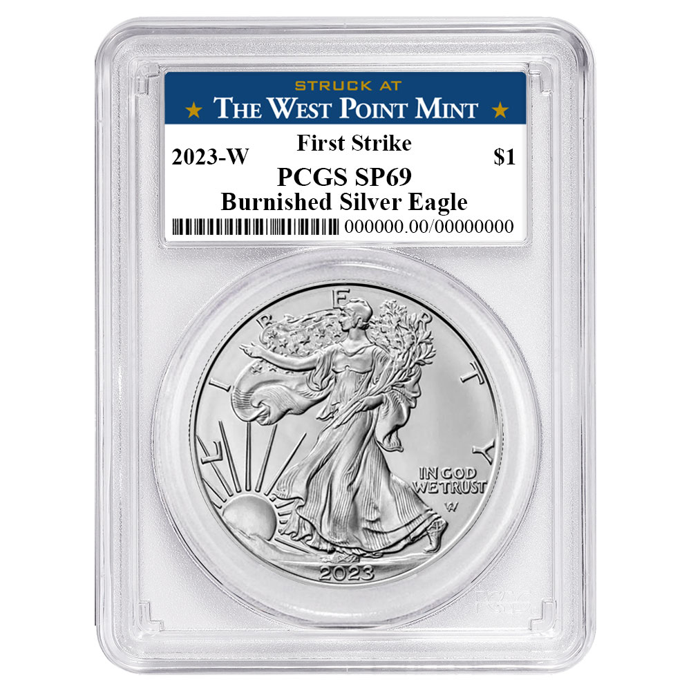 2023-W Burnished $1 American Silver Eagle PCGS SP69 FS West Point Label