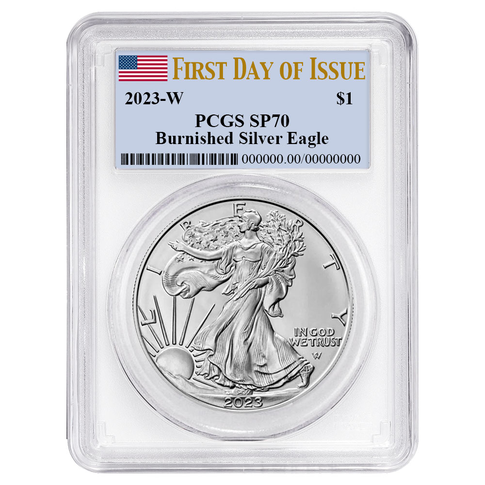 2023-W Burnished $1 American Silver Eagle PCGS SP70 FDOI Flag Label White Frame
