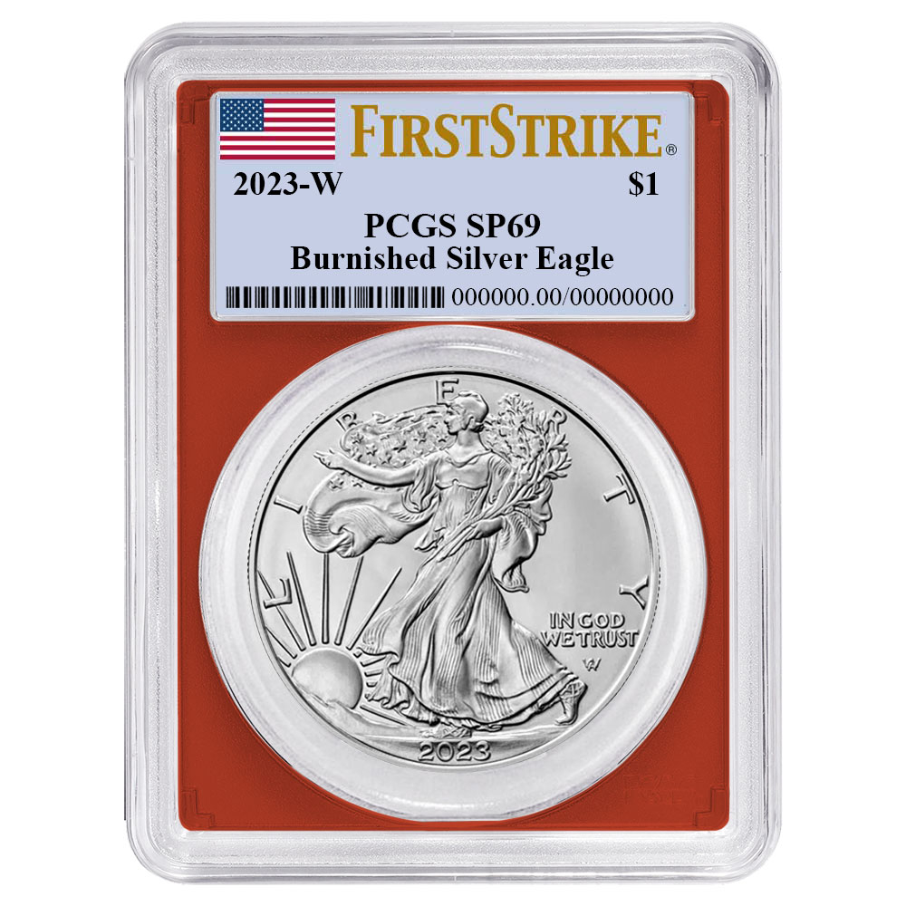 2023-W Burnished $1 American Silver Eagle PCGS SP69 FS Flag Label Red Frame