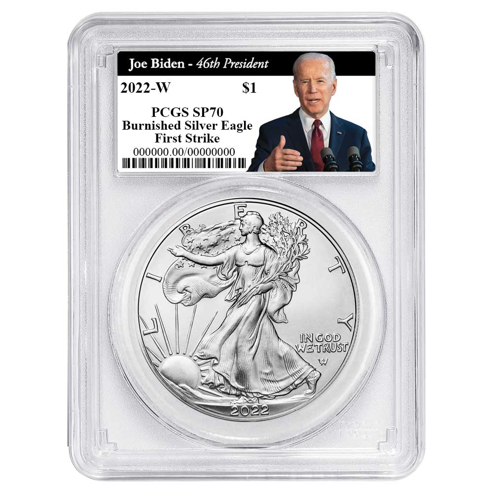 2022-W Burnished $1 American Silver Eagle PCGS SP70 FS Biden 46th President Label