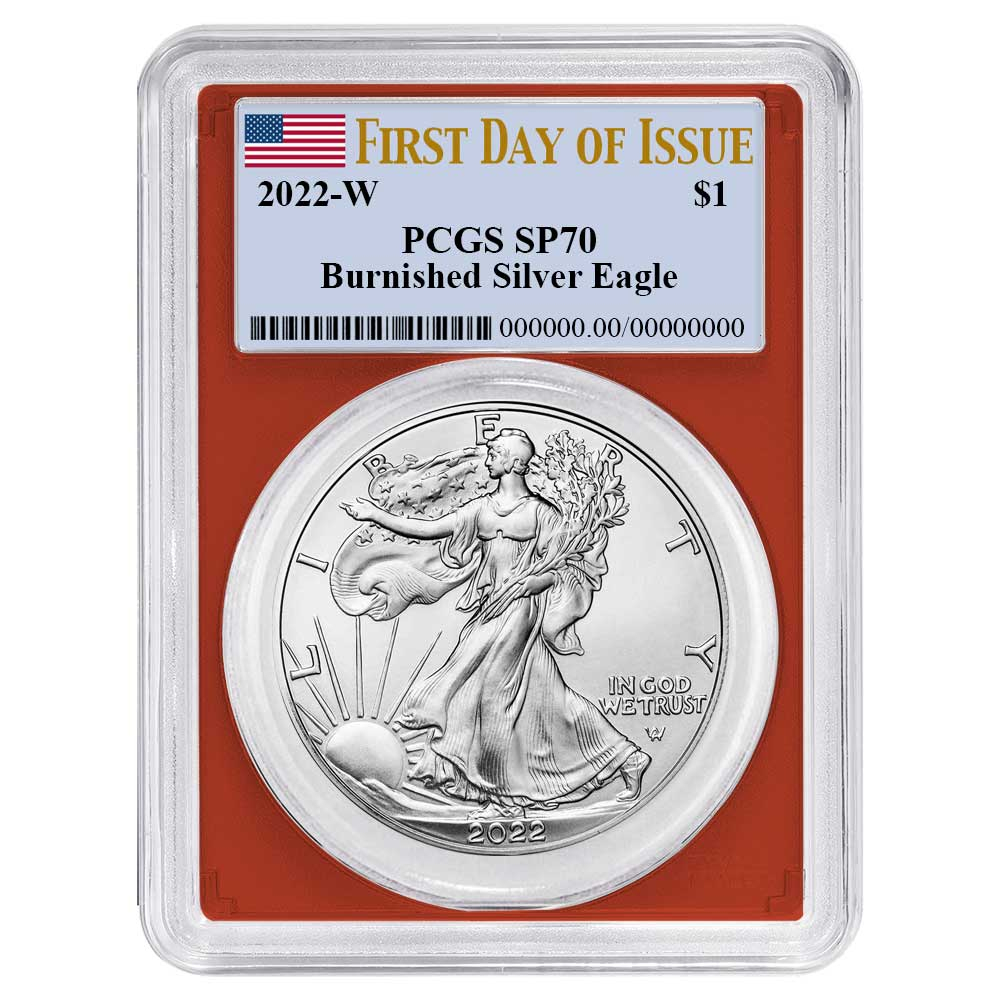 2022-W Burnished $1 American Silver Eagle PCGS SP70 FDOI Flag Label Red Frame