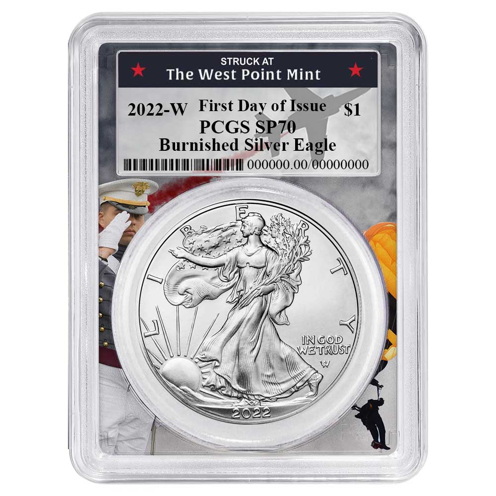 2022-W Burnished $1 American Silver Eagle PCGS SP70 FDOI West Point Frame
