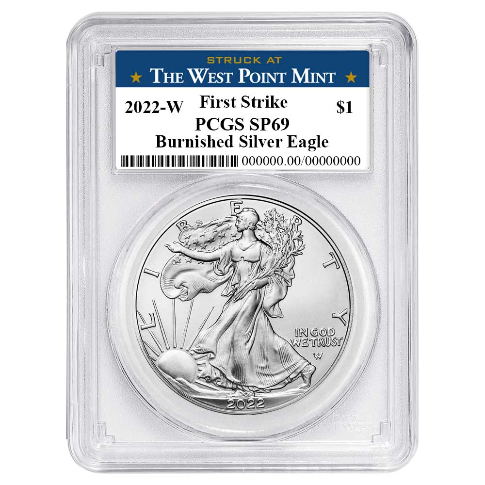 2022-W Burnished $1 American Silver Eagle PCGS SP69 FS West Point Label