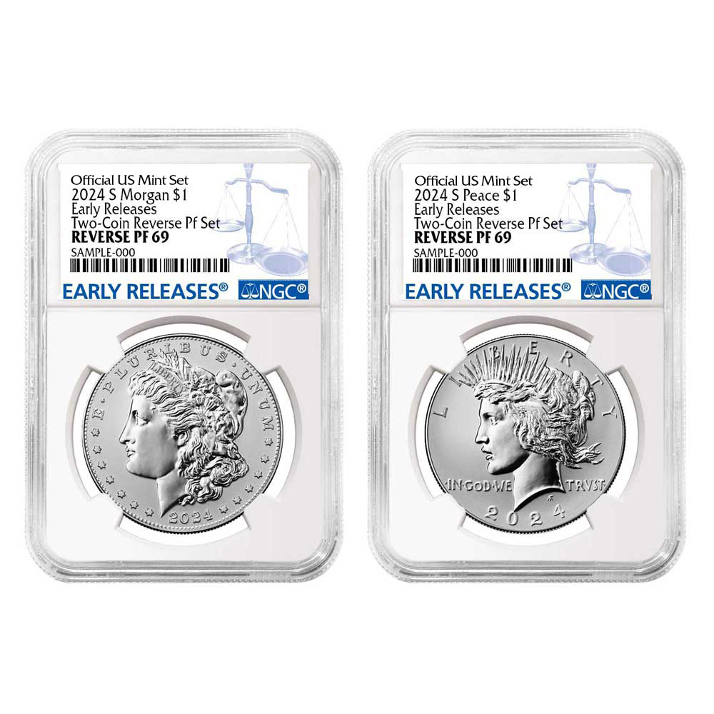 2024-S Reverse Proof $1 Morgan and Peace Silver Dollar 2pc Set NGC PF69 ER Blue Label