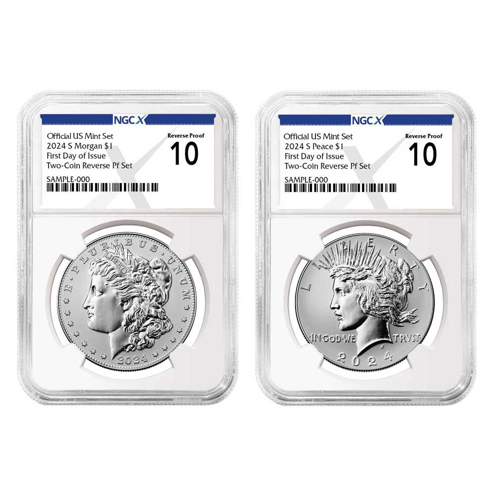 2024-S Reverse Proof $1 Morgan and Peace Silver Dollar 2pc Set NGCX PF10 FDI X Label