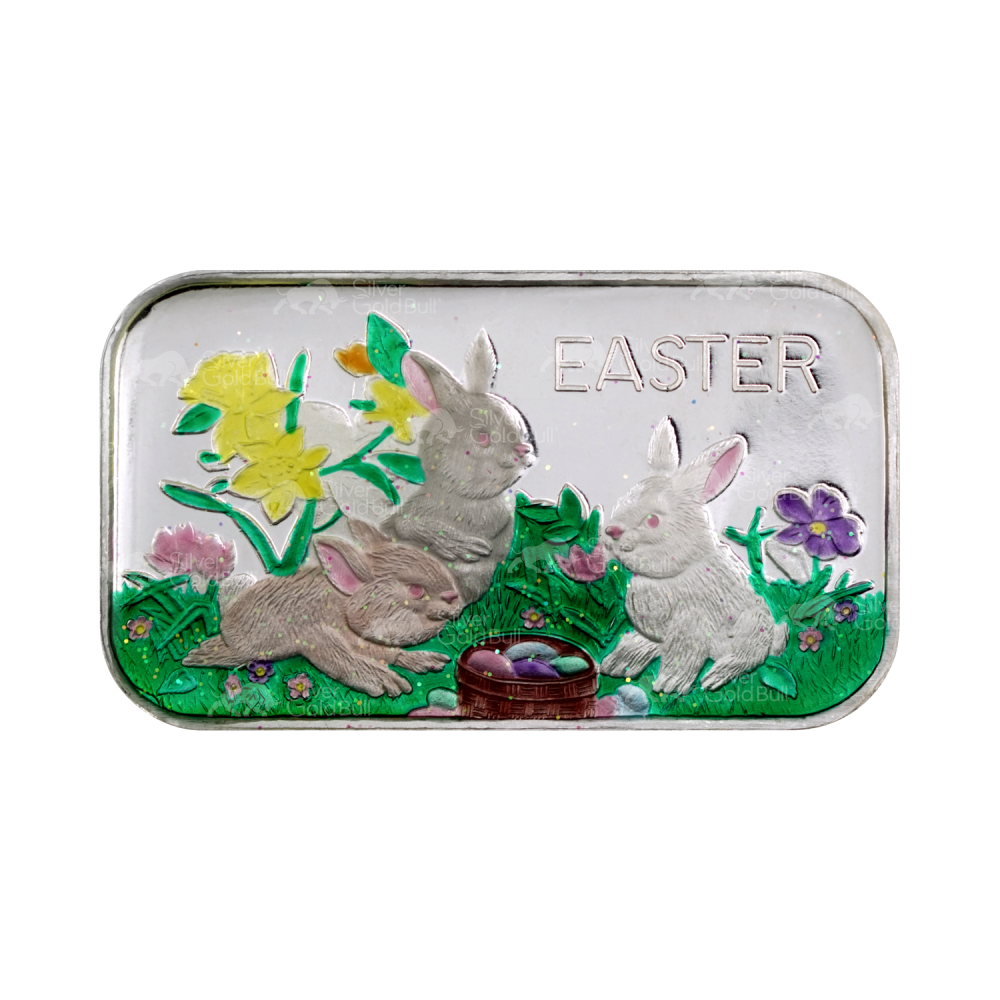 1 oz Colorized Gray Bunnies Easter Silver Bar | Silvertowne Mint