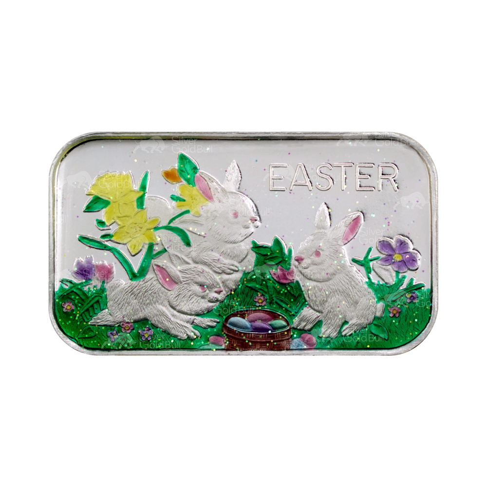1 oz Colorized White Bunny and Eggs Easter Silver Bar | Silvertowne Mint