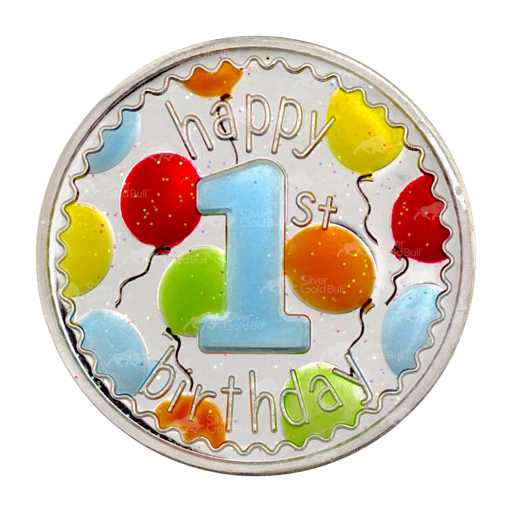 1 oz Colorized Baby First Birthday with Balloons Silver Round | Silvertowne Mint