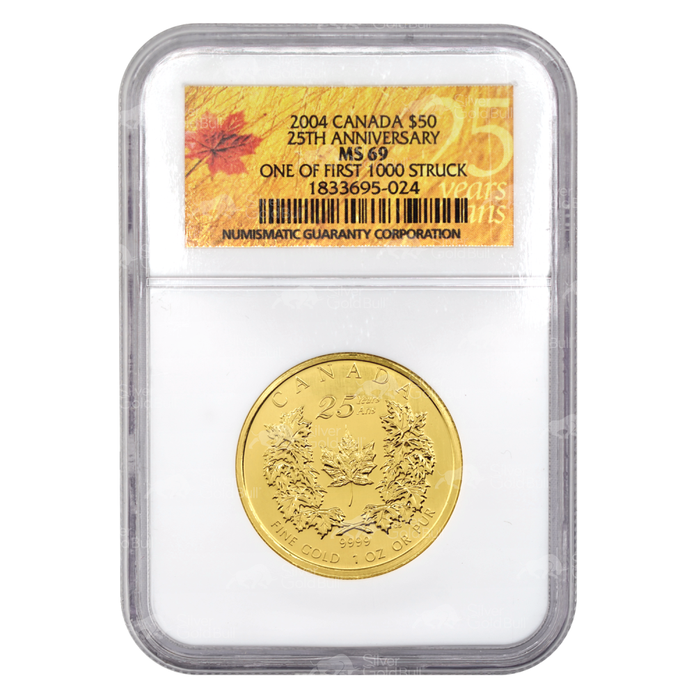 1 oz 2004 Canadian Maple Leaf 25th Anniversary NGC MS-69 First Strike Gold Coin | Royal Canadian Mint