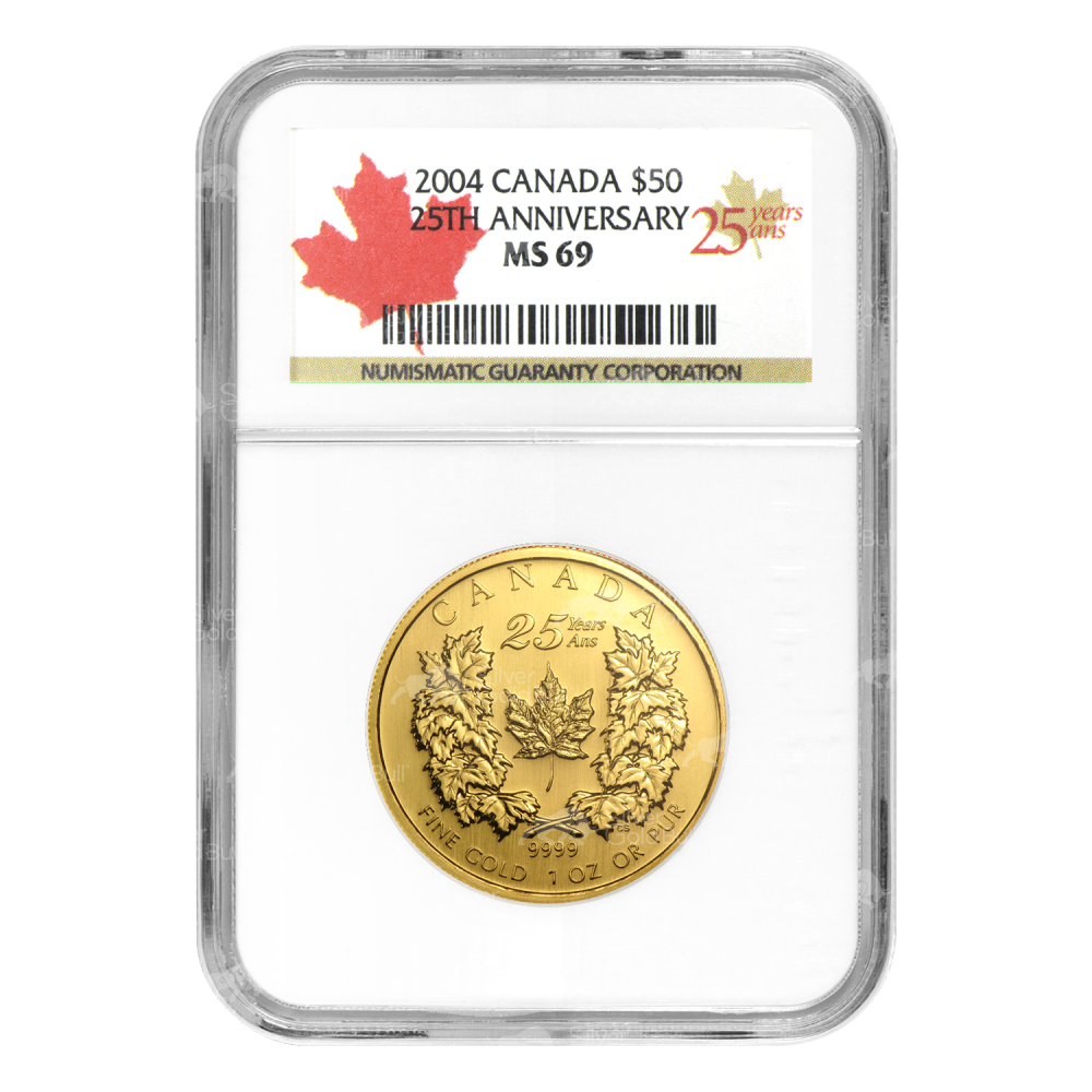 1 oz 2004 Canadian Maple Leaf 25th Anniversary MS-69 Gold Coin | Royal Canadian Mint