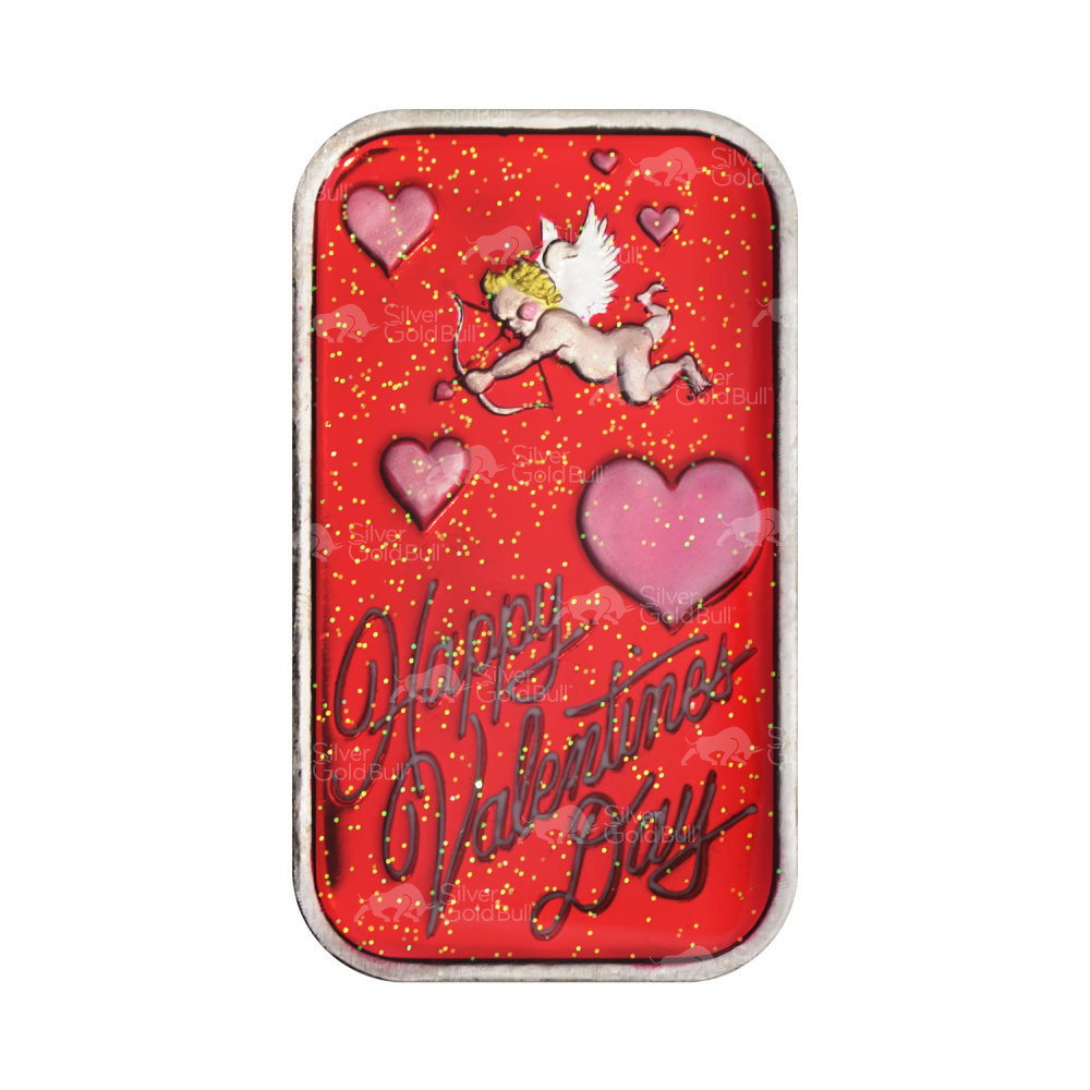 1 oz Valentine's Day: Cupid Full Red Colourized Silver Bar | Silvertowne Mint