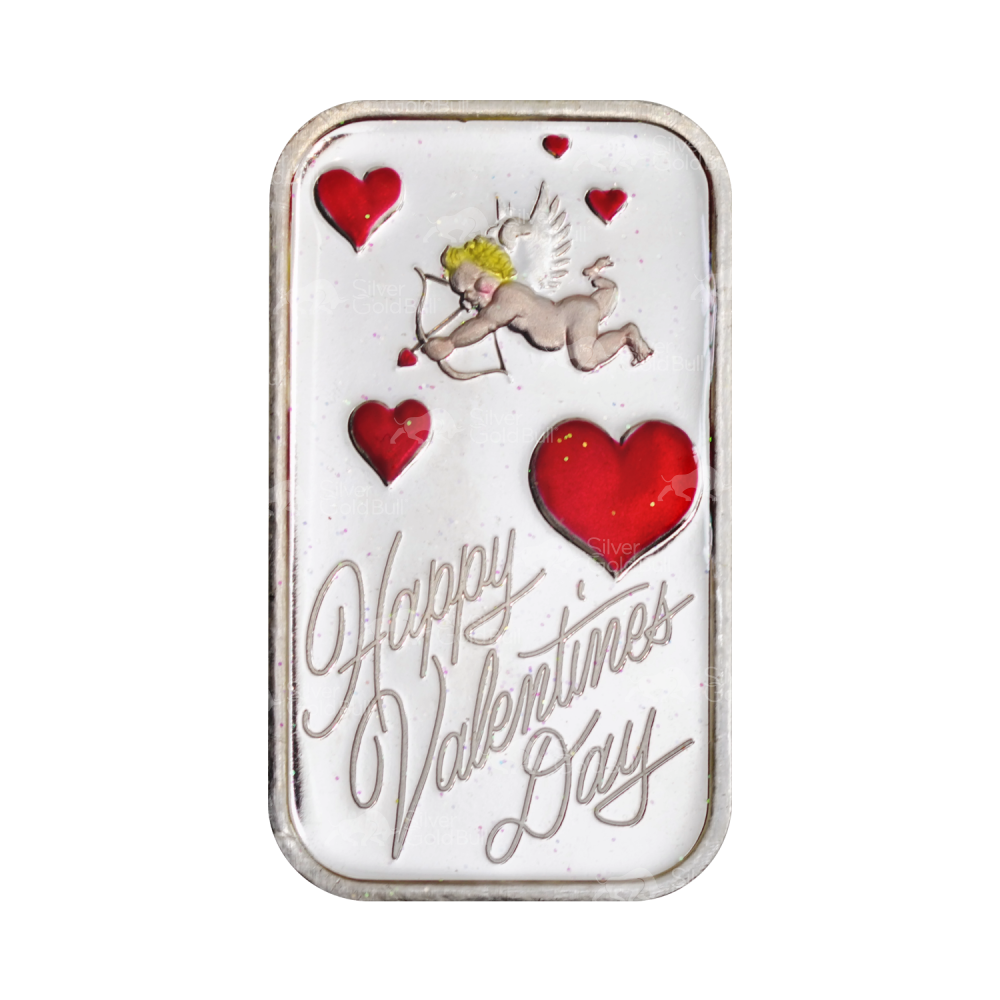 1 oz Valentine's Day: Cupid Red Hearts Colourized Silver Bar | Silvertowne Mint