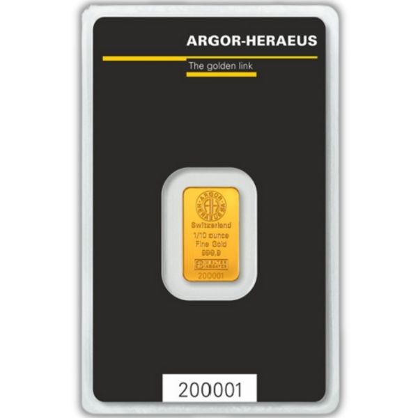 Argor-Heraeus 1/10 oz Gold Bar (New in Assay)