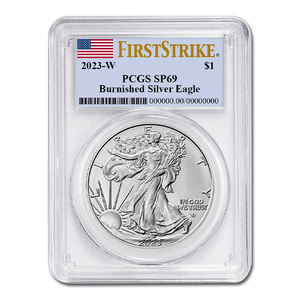 2023-W Burnished American Silver Eagle – PCGS SP69 First Strike Flag Label