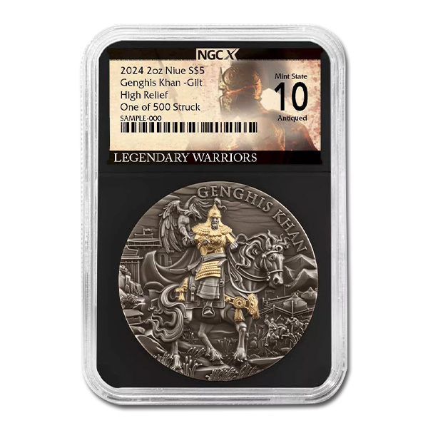 2024 Niue Genghis Khan 2 oz High Relief Antiqued &amp; Gold Gilded Silver Coin | NGCX 10