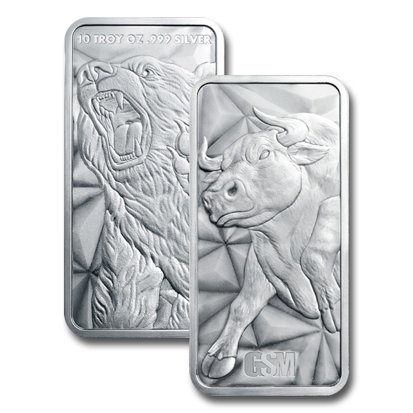 GSM Bull & Bear 10 oz Silver Bar (New)