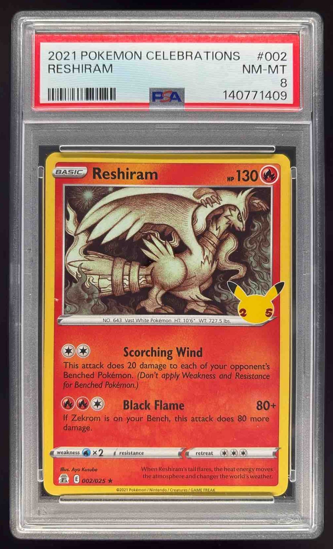 2021 Pokemon Sword & Shield Celebrations #002/025 Reshiram PSA 8