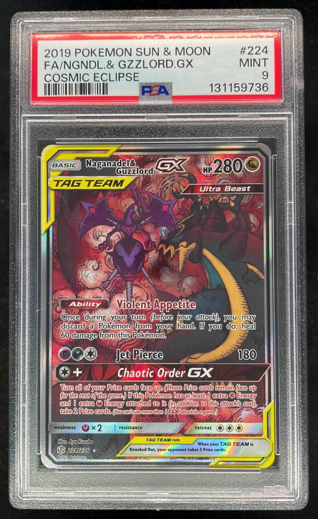 2019 Pokemon Sun & Moon Cosmic Eclipse #224 Naganadel & Guzzlord Tag Team PSA 9