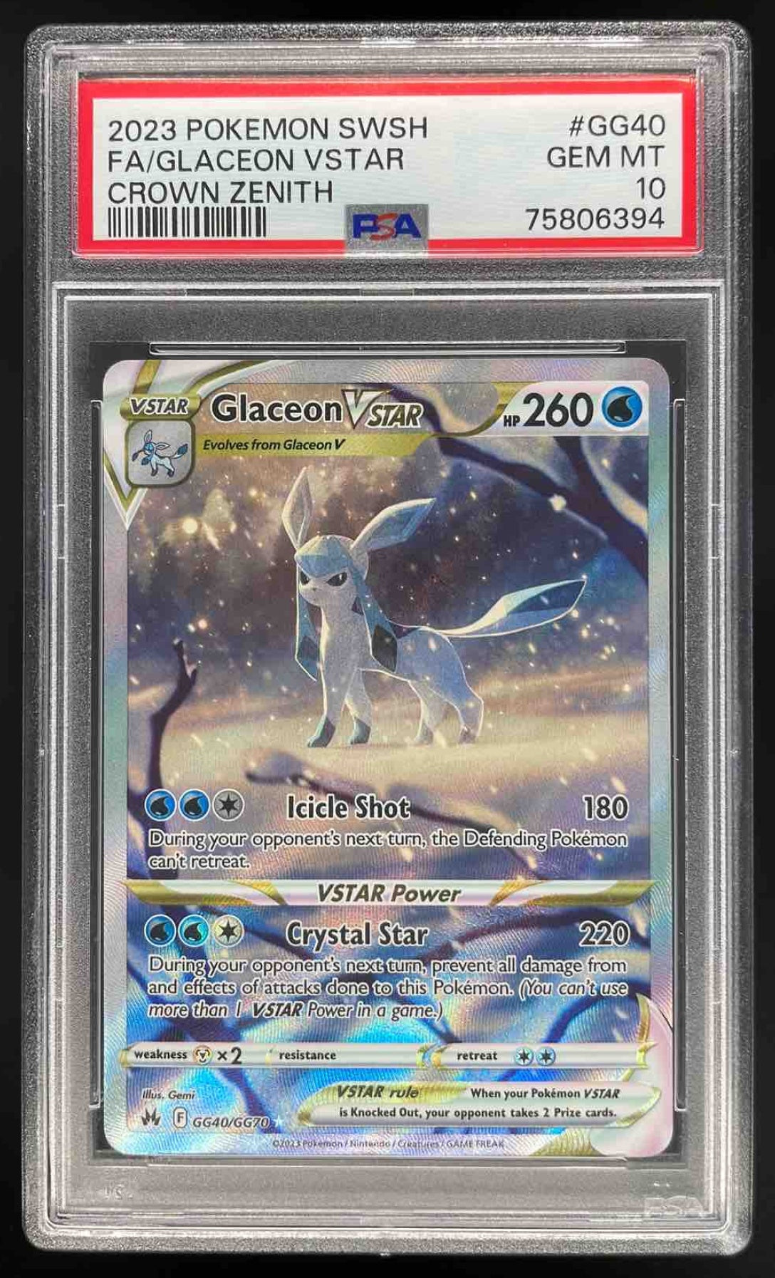 2023 Pokemon Sword & Shield Crown Zenith Galarian #GG40/GG70 Glaceon VST PSA 10