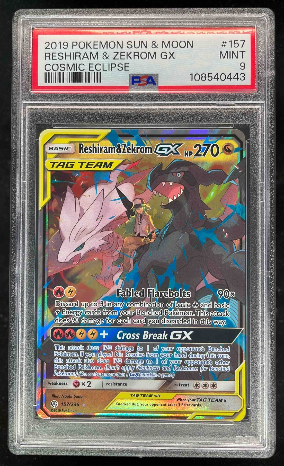 2019 Pokemon Sun Moon Cosmic Eclipse #157 Reshiram & Zekrom Tag Team Holo PSA 9