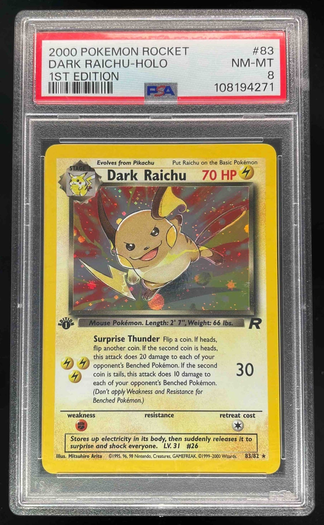 2000 Pokemon Team Rocket First Edition #83/82 Dark Raichu Holo PSA 8