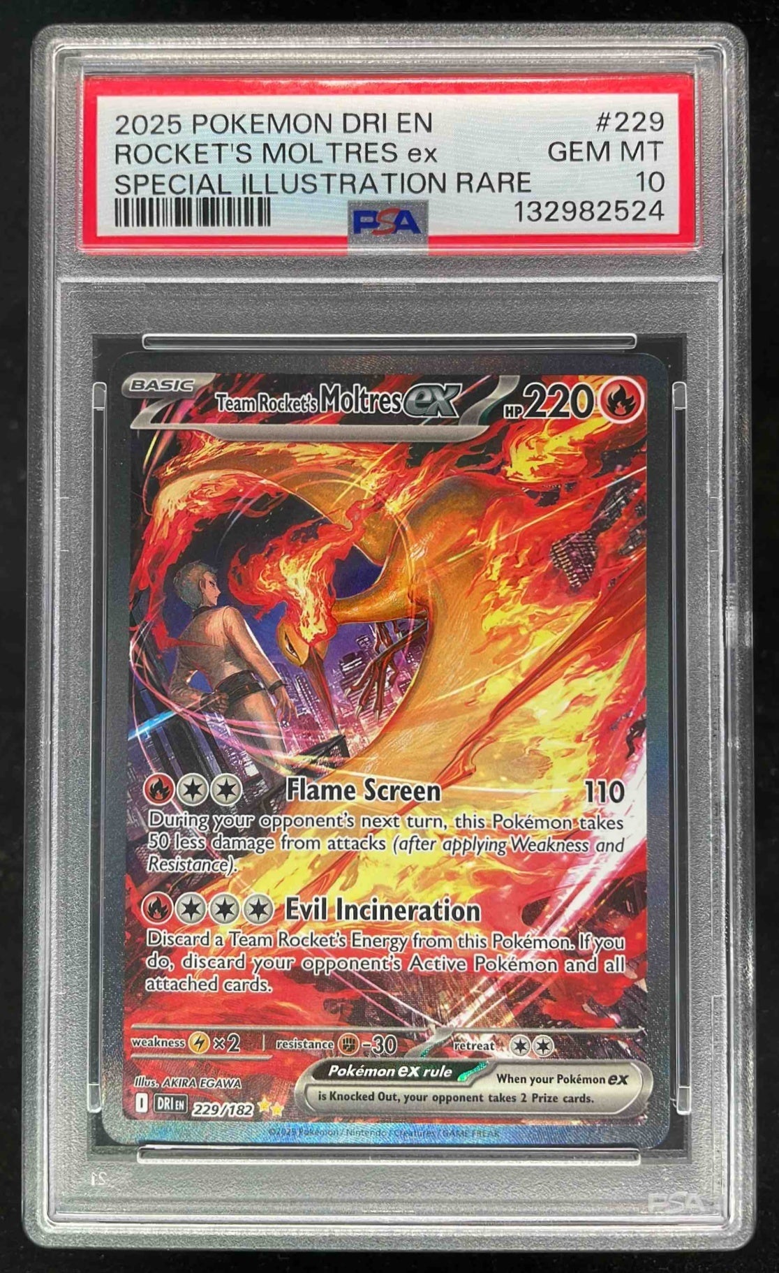 2025 Pokemon Destined Rivals #229/182 Team Rocket's Moltres ex PSA 10