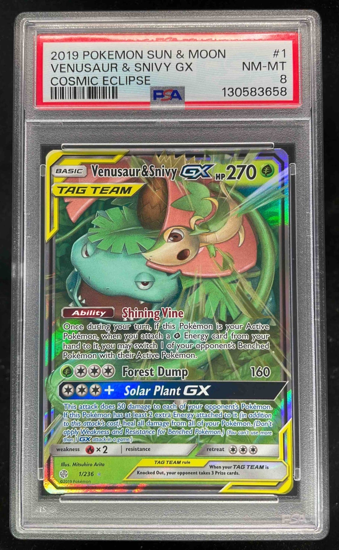 2019 Pokemon Sun & Moon Cosmic Eclipse #1 Venusaur & Snivy Tag Team Holo PSA 8