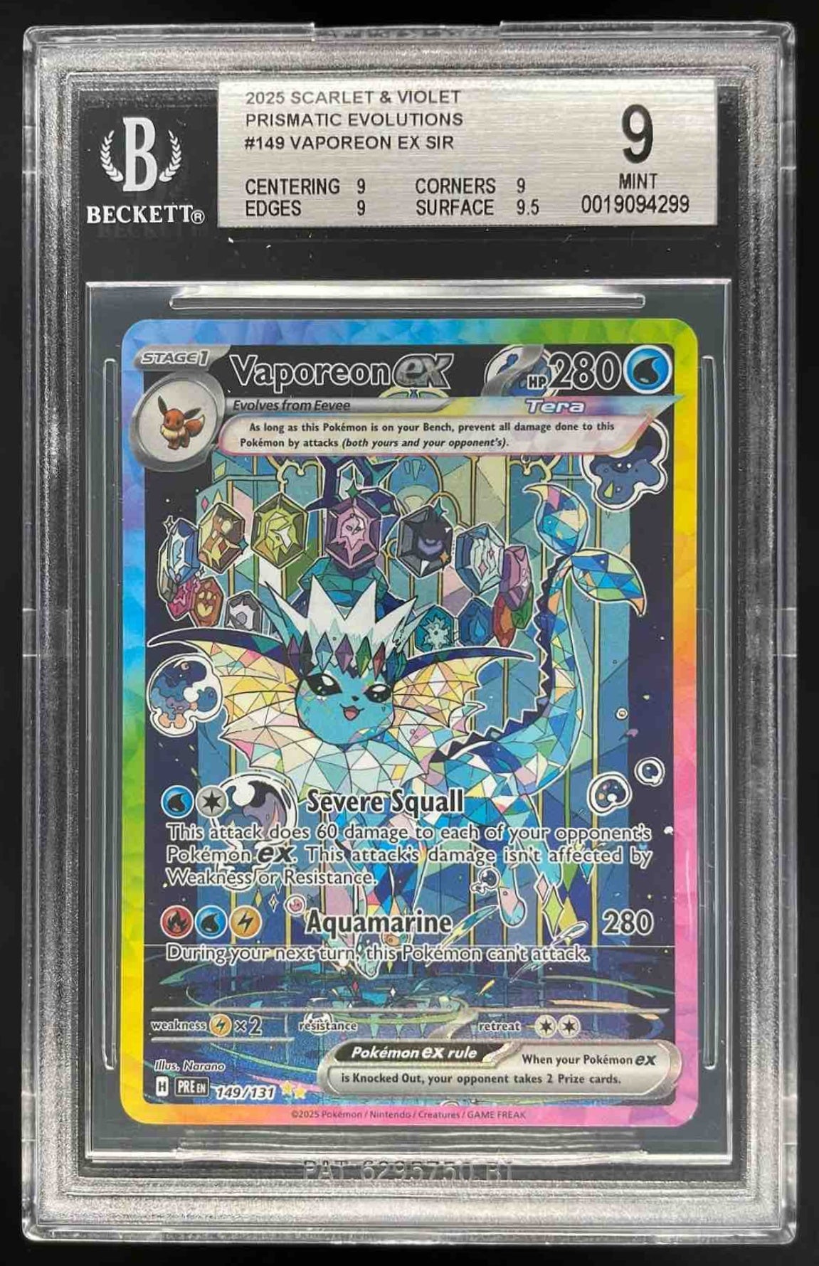 2025 Pokemon Prismatic Evolutions #149/131 Vaporeon ex BGS 9