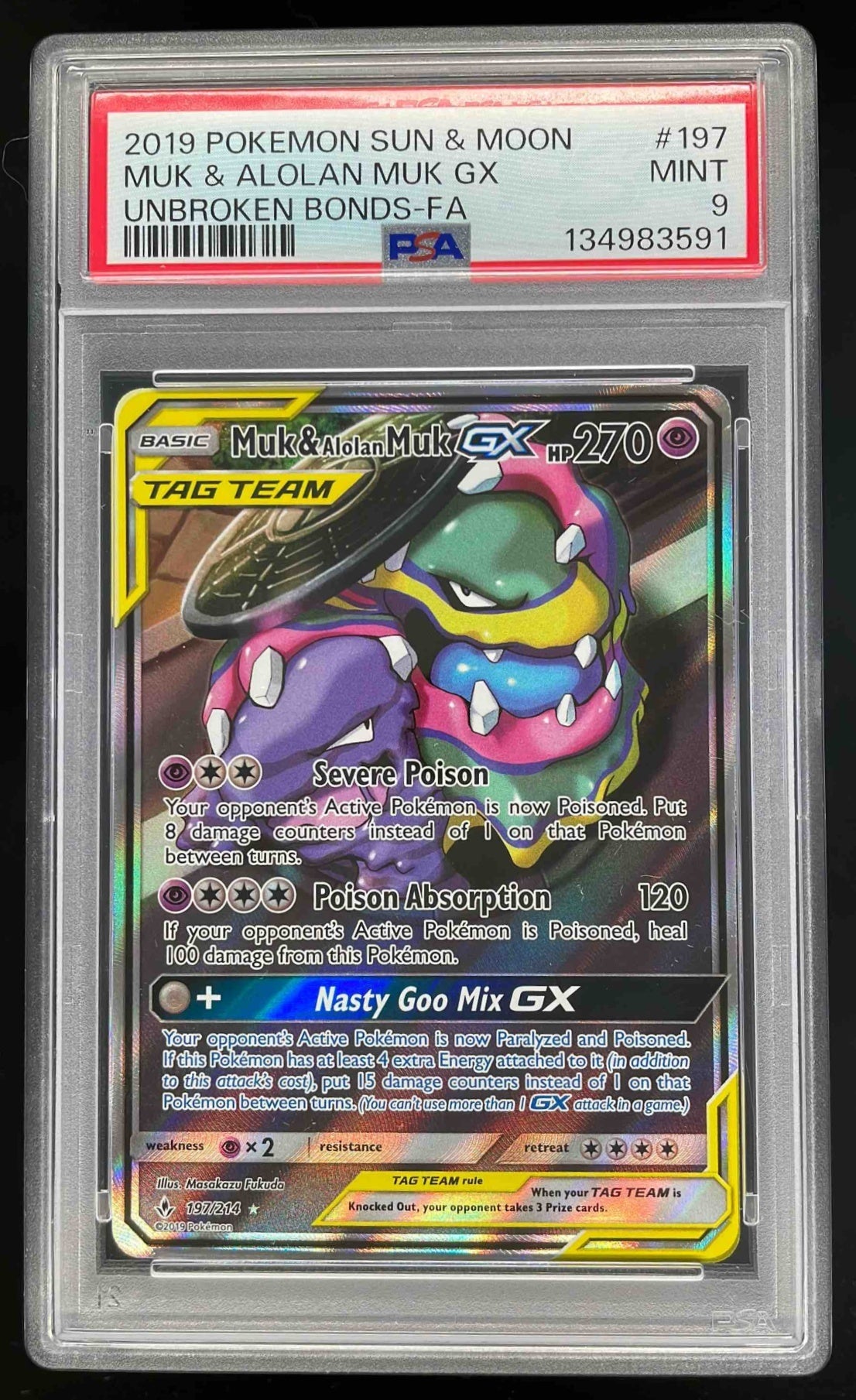 2019 Pokemon Sun & Moon Unbroken Bonds #197/214 Muk & Alolan Muk Tag Team PSA 9