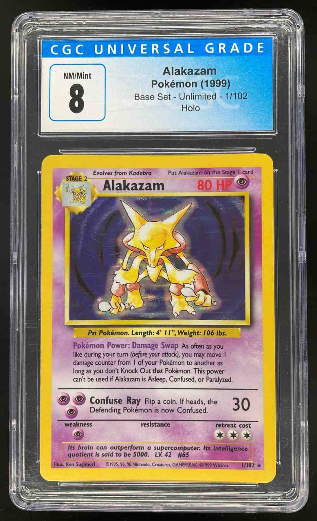 1999 Pokemon Unlimited #1/102 Alakazam Rare Holo CGC 8