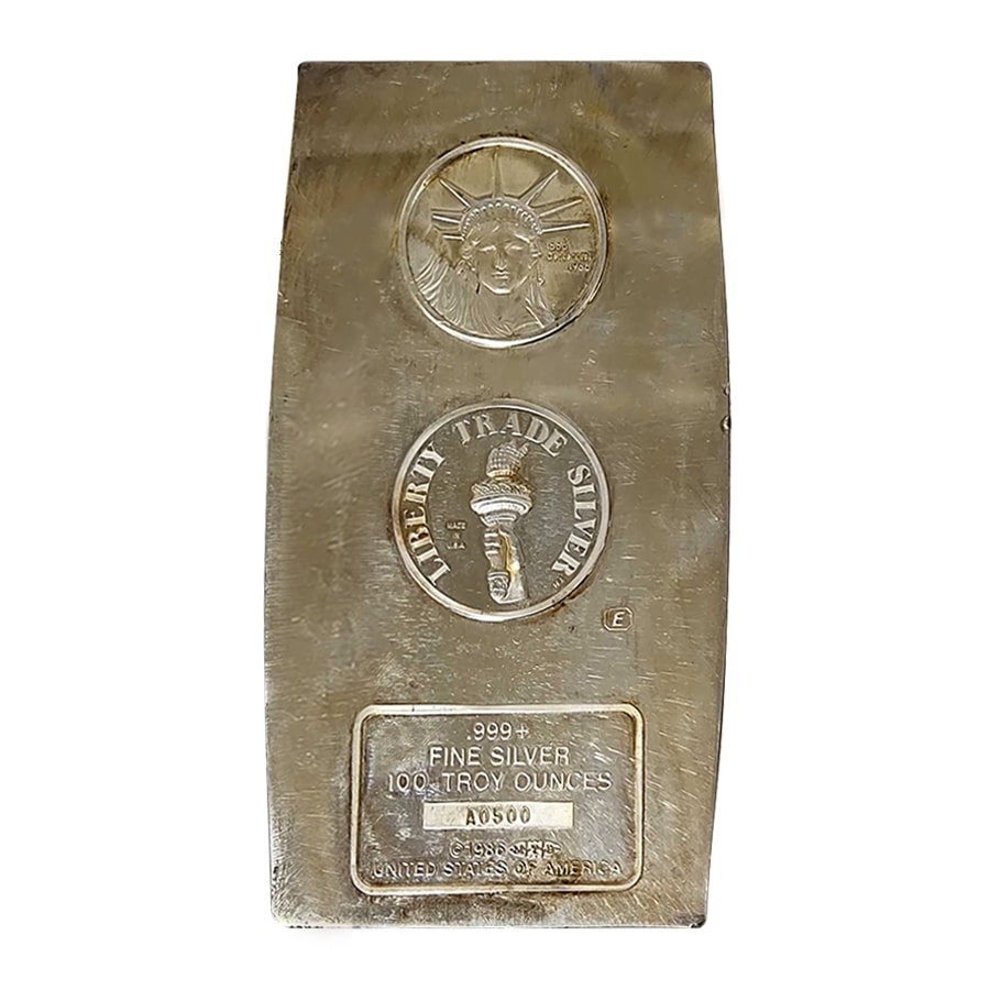 1986 100 oz Engelhard MTB Silver Vintage Bar .999+ Fine (Liberty Trade Silver, Liberty Head logo)