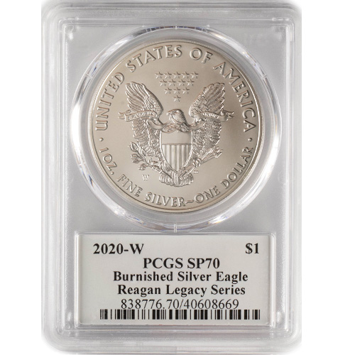 1 oz Burnished American Silver Eagle Coin SP70 (Random Year, Varied Label, PCGS or NGC)