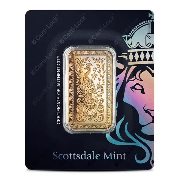 Scottsdale Mint | 1 Oz Marquee Peacock Gold Bar (New In Assay)