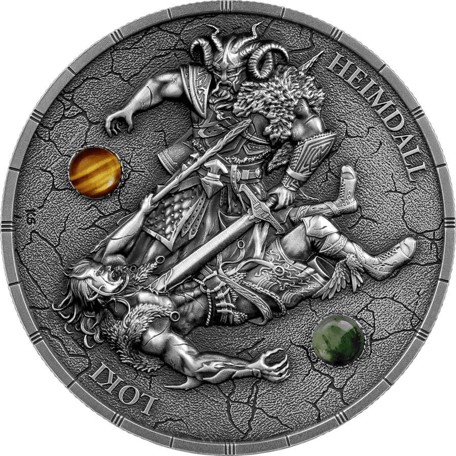 2025 Germania Ragnarok Loki and Heimdall 2 oz Silver Antiqued UV Coin