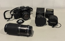 Vintage Ricoh KR5 Super II Film Camera w/ Strap 4 Lens & 2 Flashes (UNTESTED)