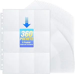 360 Pockets Binder Card Sleeves Double-Sided 9 Pocket Trading Card Pages for 3 Ring Binder, Clear Plastic Pages Sleeves for Sport Cards, Business Cards, Game Cards, Photos (20 Pack)