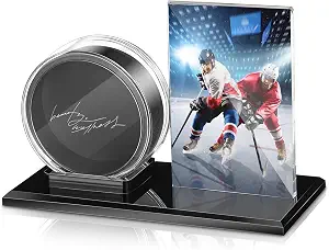 DoubleFill Acrylic Hockey Puck Display Case for Ball and Cards Clear Ball Holder Ring Stand Set Hockey Puck Centerpieces Protector Memorabilia Showcase