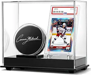 Hockey Puck Display Case & PSA Card Display Stand, 2-in-1 Sports Memorabilia Set Includes Card Stand & Hockey Puck Holder, Clear Dustproof Case for Autographed Puck & Graded Trading Card (Black Base)