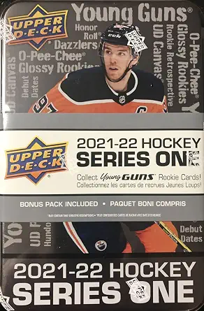 2021 2022 Upper Deck Hockey Series One Factory Sealed Unopened Collectible TIN with 9 Packs Including 72 Cards Total with Possible Young Gun Rookie Cards Plus an Exclusive Bonus 3 Card O Pee Chee Rookie Pack
