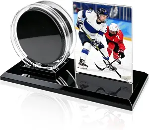 Clear Acrylic Hockey Puck and Card Display Case with Black Base, Trading Card Display Holder, Protector for Sports Memorabilia, Collectibles