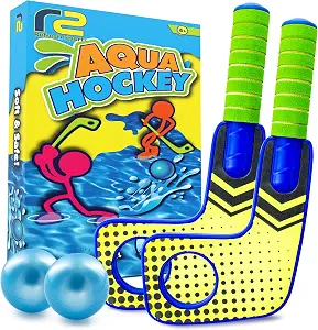 Fun Mini Hockey Sticks Game - Play at the Pool & Beach or in Home - For Kids & Adults All Ages - Use The Floating Soft Paddles to Shoot the Water Skipping Balls - Comes With 2 Sticks & 2 Balls