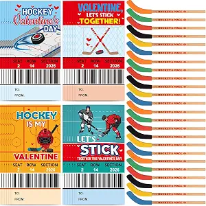 Fancy Land Valentines Day Hockey Themed Gifts Set Valentine Card with Hockey Pencil for Kids School Classroom Holiday Exchange Party Supplies 24 Sets