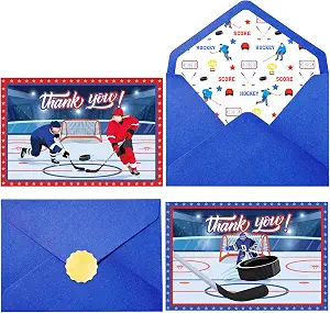 NEWEST 24 Pack Hockey Thank You Cards, 2 Designs Ice Hockey Greeting Cards with Envelopes & Stickers Red Blue Sports Blank Note Card for Coaches, Players, Teams, Tournaments & Birthday Party
