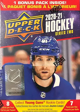 2020/21 Upper Deck Series 2 Hockey Blaster Box - 6 Packs Plus 1 Bonus Pack - 8 Cards Each - 1 Young Guns card per box on average