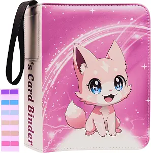Trading Card Binder 4 Pocket Gifts for Girls, 440 Pockets Pink 3 Ring Binder, Includes Name Tag, Tab Stickers, Cards Binder Album Book Holder Case for Baseball Football Sports Tcg Binder